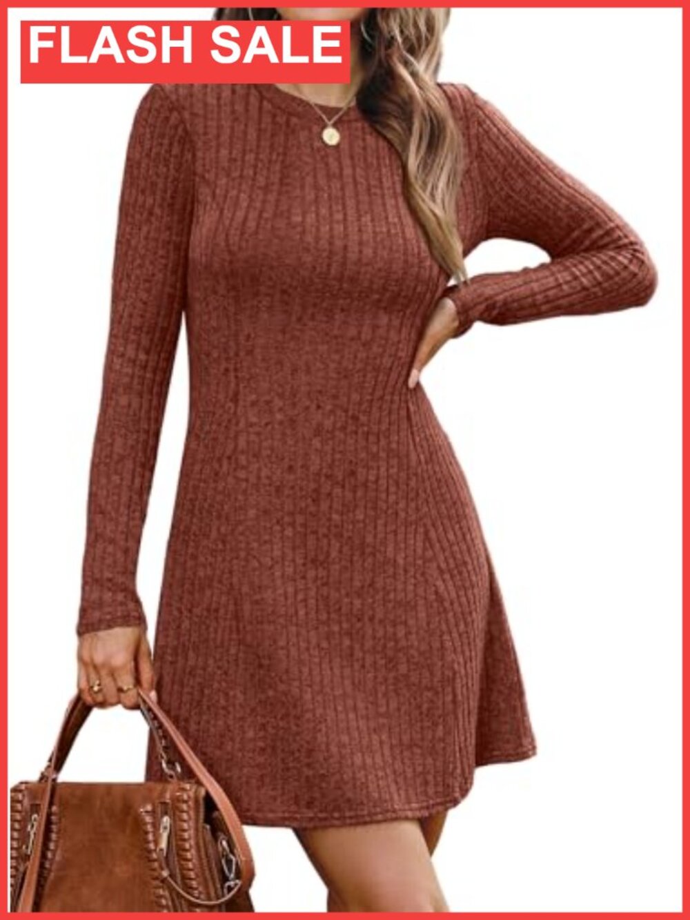Ribbed Knit Sweater Dress Long Sleeve Crew Neck Bodycon Knee Length